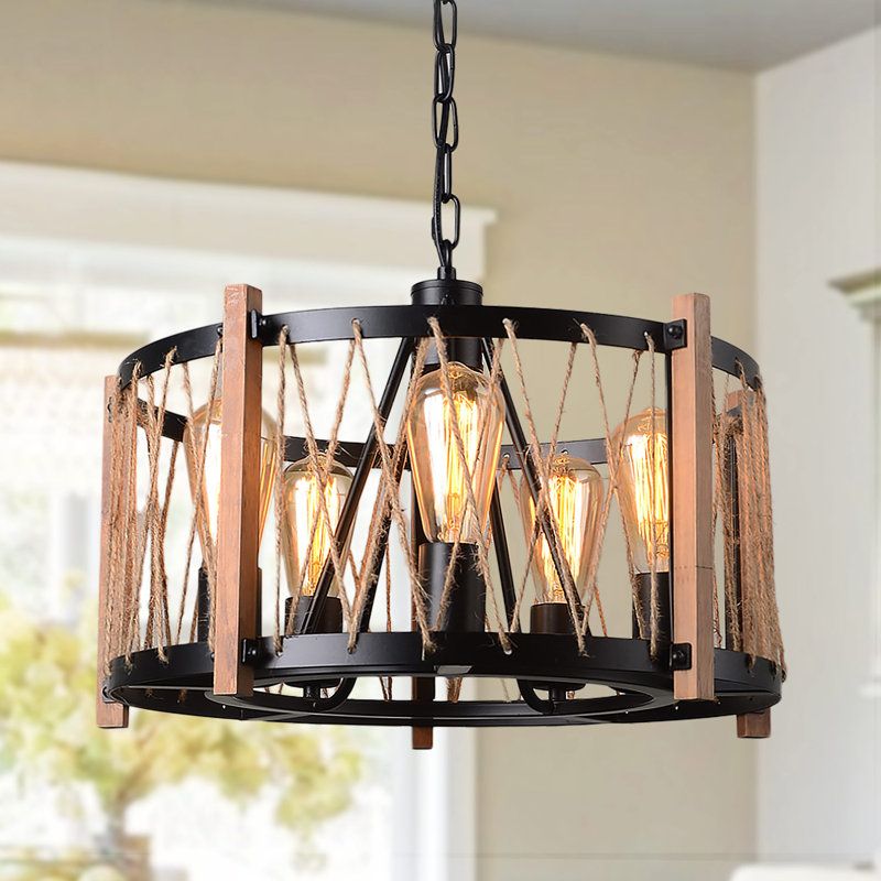 Gracie Oaks Wood Metal Chandelier Farmhouse Drum Pendant Light With